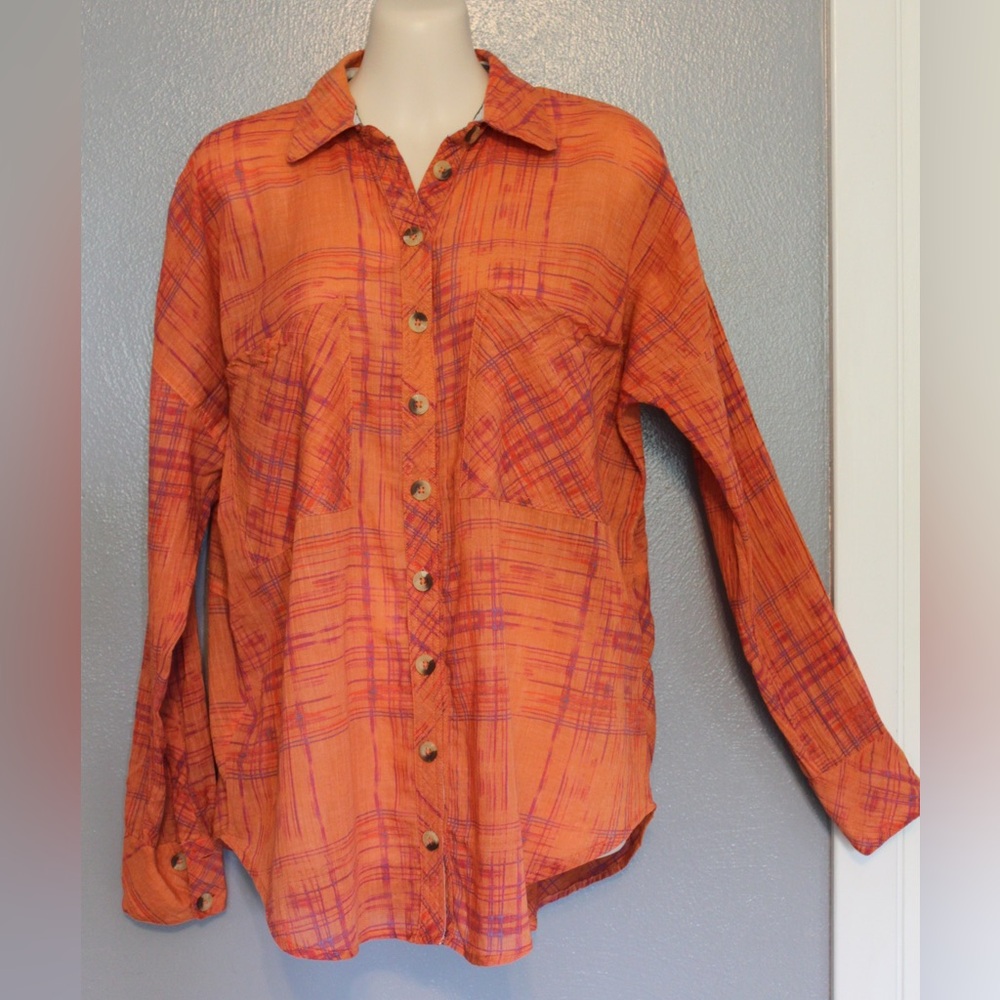 Free People Orange Shore Vibes Lightweight Button Up Top Shirt Small